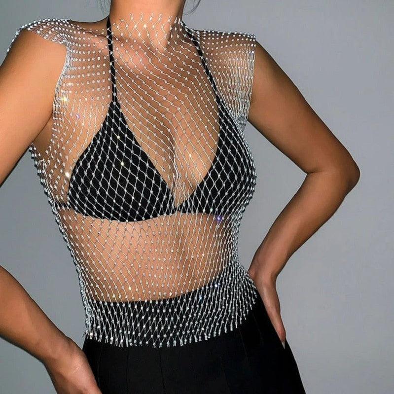 Women's Fishnet Rhinestone Crop Top 2023 Summer Sexy Mesh High Elastic Black White Shirt Net See Through Rave Diamond Tank Top