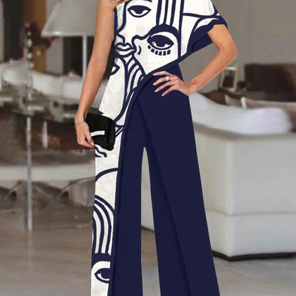 Women's Summer Rompers Elegant Office Formal Jumpsuits Casual Solid One Shoulder Sexy Loose Party Overalls Oversized Style C Navy