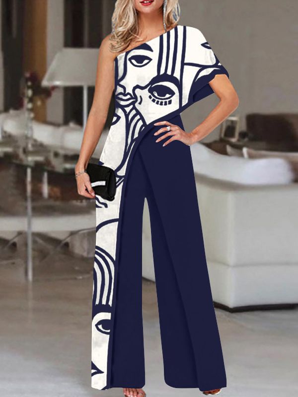 Women's Summer Rompers Elegant Office Formal Jumpsuits Casual Solid One Shoulder Sexy Loose Party Overalls Oversized Style C Navy