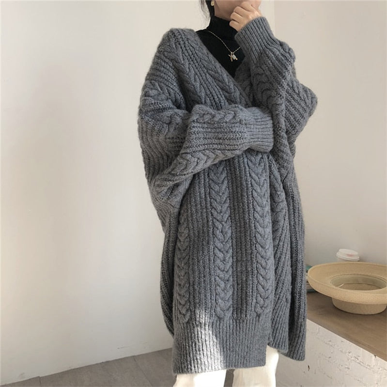 ABRIN Winter Women Loose Warm Long Cardigan TRAF Coat Autumn Long Sleeve Knit Thicken Sweater Coat Women Streetwear Outerwear GREY One Size