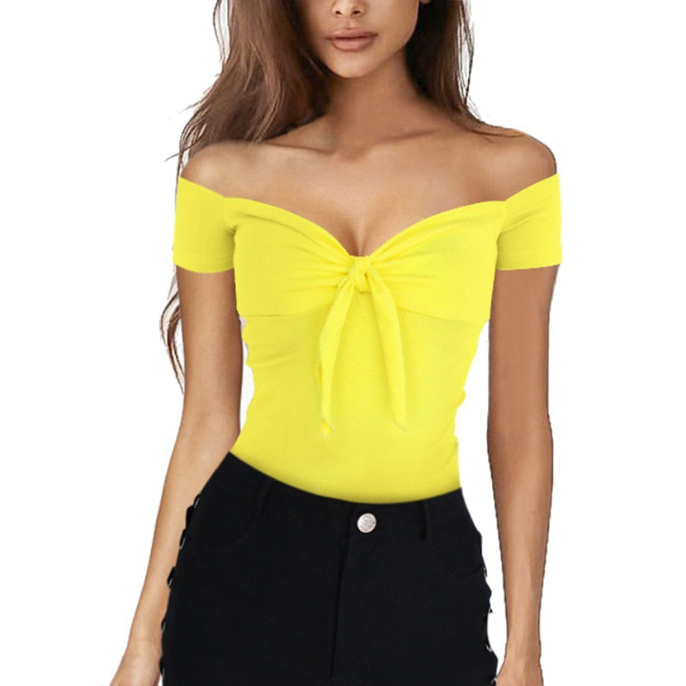 Women Sexy Off Shoulder Tops Shirt Ladies Slim Fit Slight Strech Cotton Blended Solid Bowknot Clubwear Holiday Party Blouse 2023
