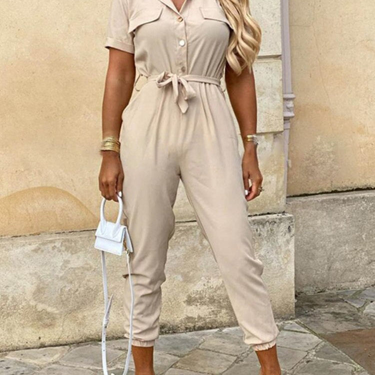 Overalls for Women New Casual Lapel Lace-up Print Belt Work Jumpsuit Women One Pieces Bodysuit Women Chic and Elegant Jumpsuits