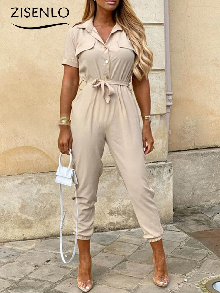Overalls for Women New Casual Lapel Lace-up Print Belt Work Jumpsuit Women One Pieces Bodysuit Women Chic and Elegant Jumpsuits