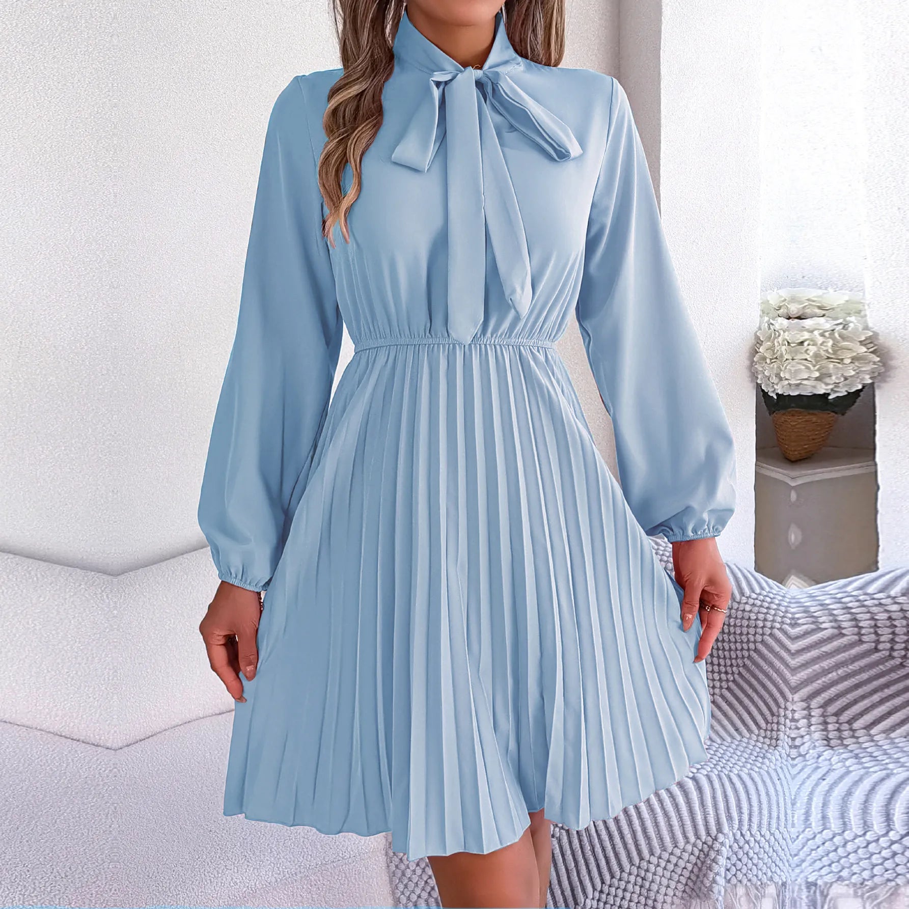 Women's Autumn Winter Temperament Lace Up Solid Color High Waist Long Sleeve Pleated Dress Light Blue