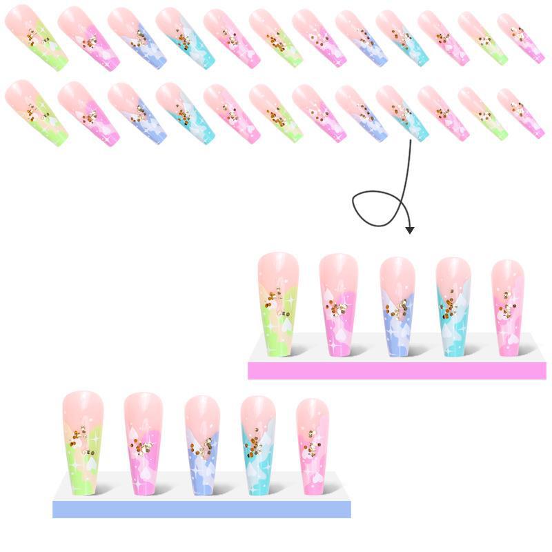 3D fake nails accessories rainbow heart with glitters long french coffin tips faux ongles press on acrylic false nail supplies
