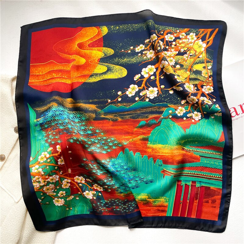 Luxury Print Satin Silk Square Scarf for Women Shawl Hijab Neckerchief Female Hair Ribbon Headband Fashion Wrap Bandana New FJ660-2