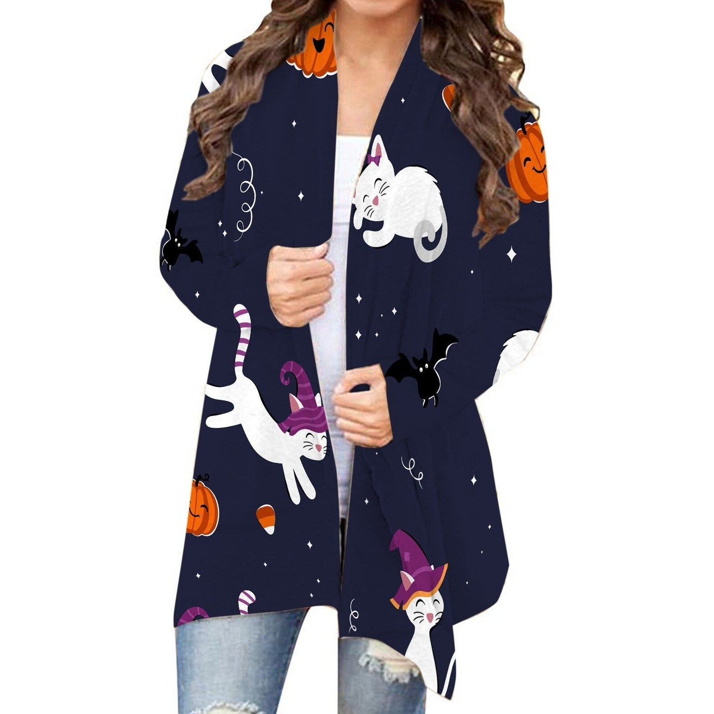 Halloween Printed Cardigan Women Casual Ghost Cat Cartoon Festival Fashion Long Sleeve Casual Cardigan Jacket Coat Top Jersey