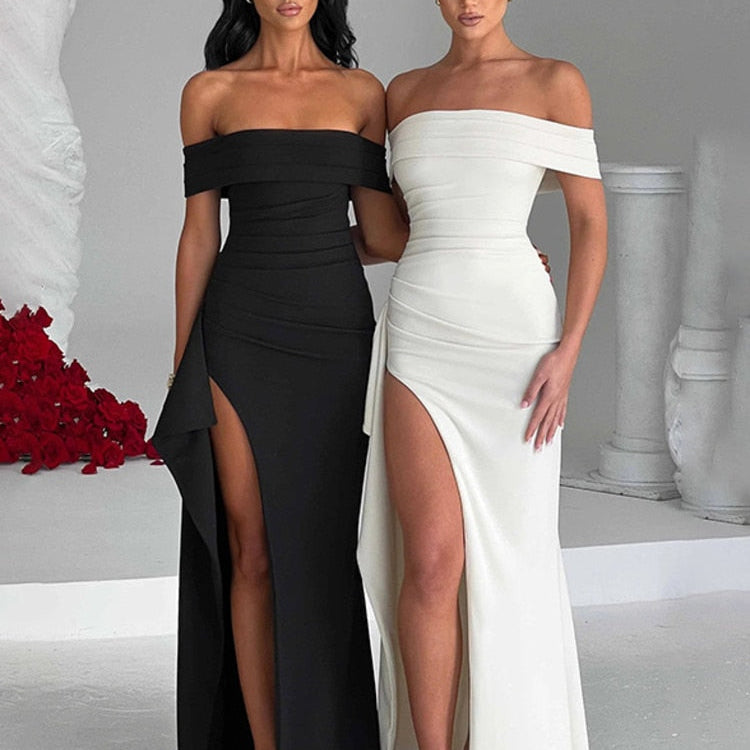 Mozision Off-shoulder Ruffled Thigh High Split Maxi Dress For Women Slash Neck Backless Bodycon Sexy Party Evening Dress Elegant