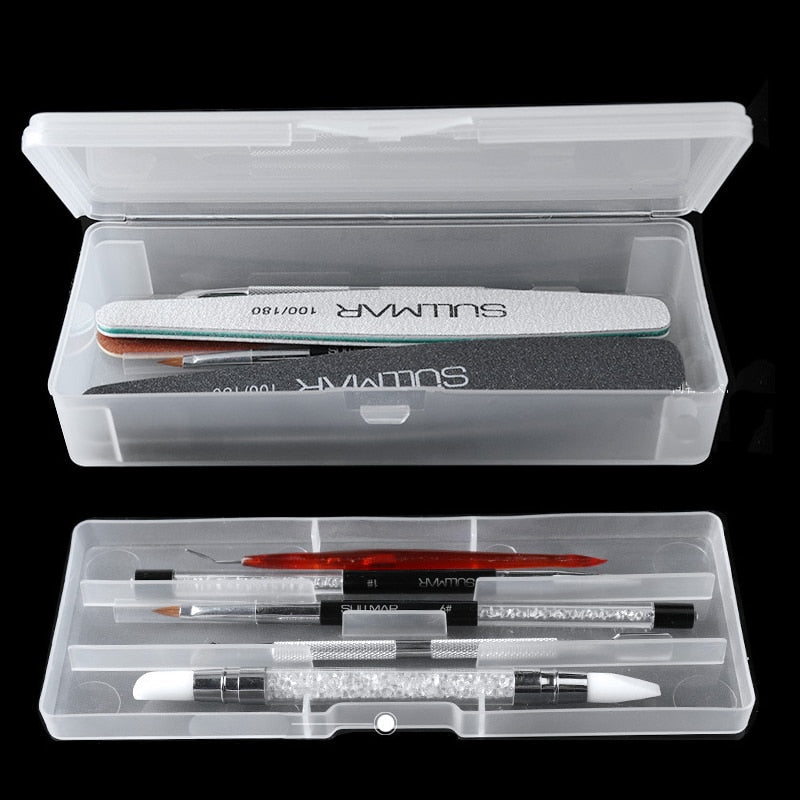 Dubbelskikt naglar Art Organizer Box Storage Tool Rectangle Storage Box Pen Brush Polering Nagelbuffertfiler Plastbehållare