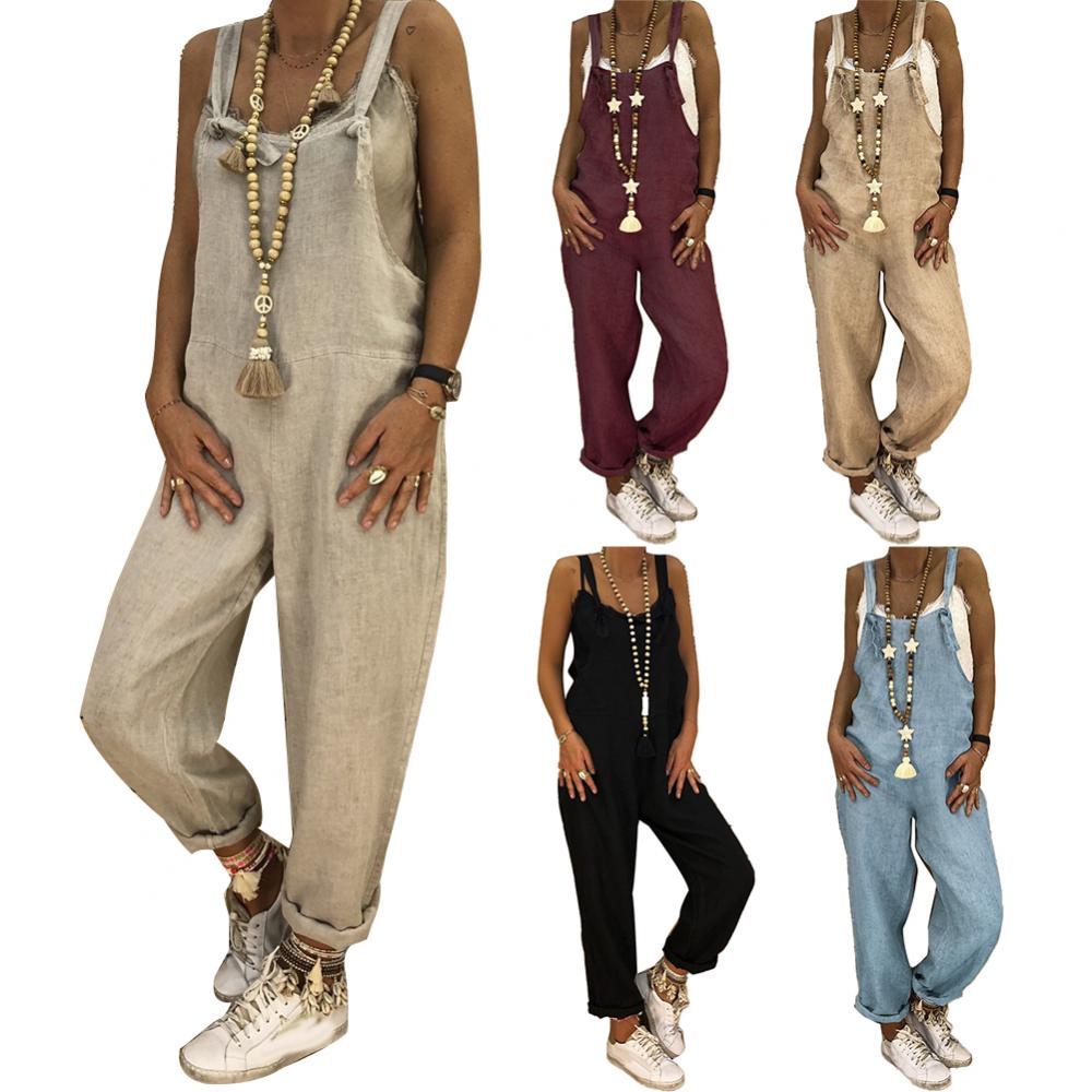 Solid Color Casual Overall Sleeveless Women Jumpsuit Straps Jumpsuit Loose Adjustable Bib women Bib
