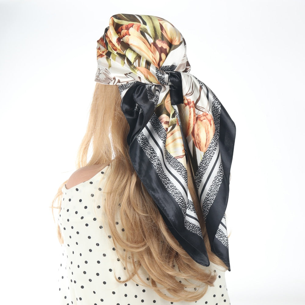 Silk Scarves Luxury Brand Spring Summer Women Head/Hair Scarf 90X90cm Fashion Hijab Bandana Cheveux Foulard Femme BK50-29 90X90CM