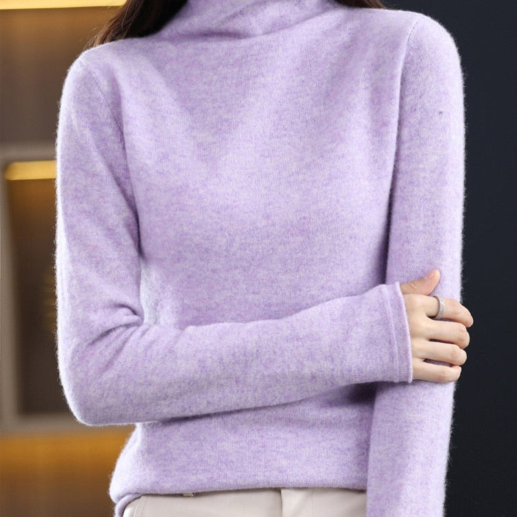 Pure Wool Women Sweater Autumn Winter Fashion Pile Collar Pullover Cashmere Sweater Casual Long-sleeved Knitted Tops Calico purple