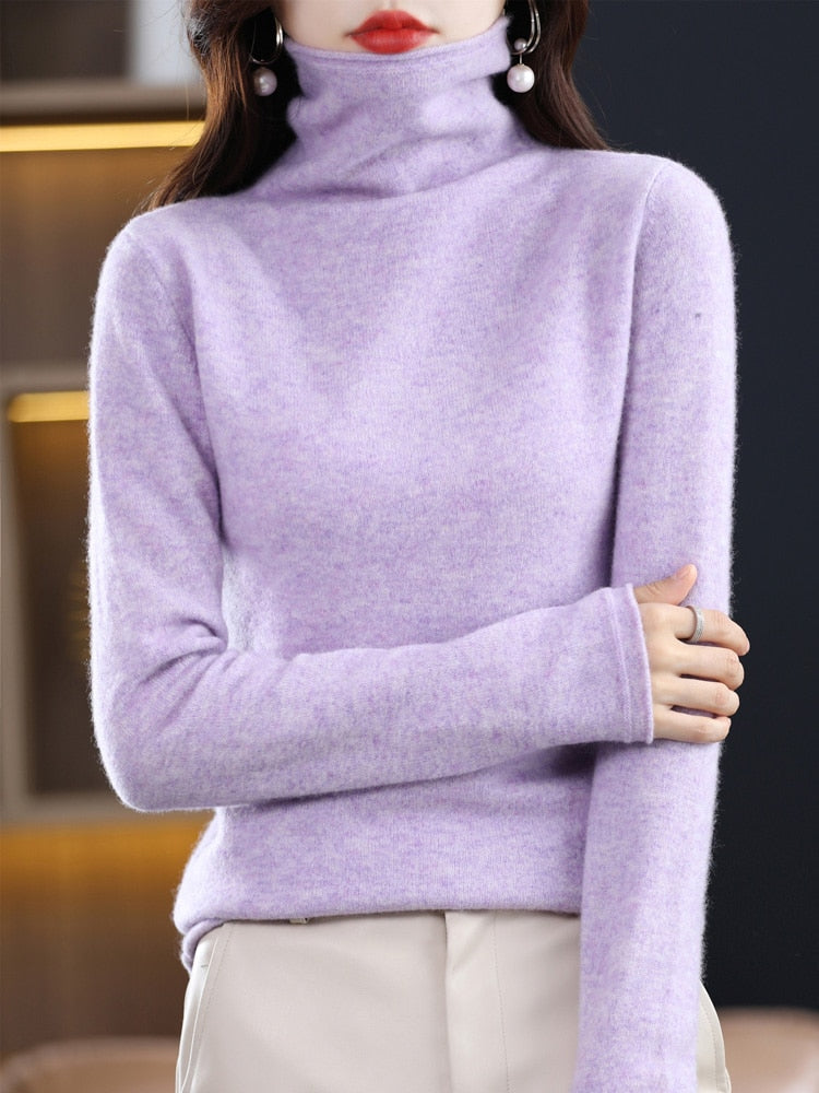 Pure Wool Women Sweater Autumn Winter Fashion Pile Collar Pullover Cashmere Sweater Casual Long-sleeved Knitted Tops Calico purple