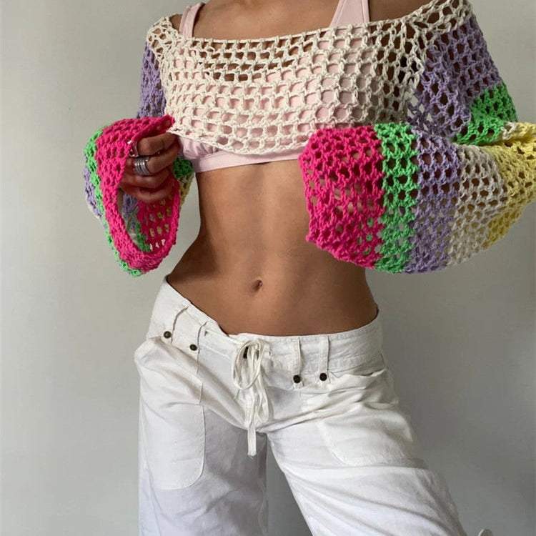 Summer Long Sleeve Smock Knitted Crop Top Women Y2k Beach Sexy Backless Hollow Out T Shirts Green Party Casual Pullovers