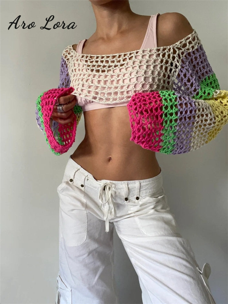 Summer Long Sleeve Smock Knitted Crop Top Women Y2k Beach Sexy Backless Hollow Out T Shirts Green Party Casual Pullovers