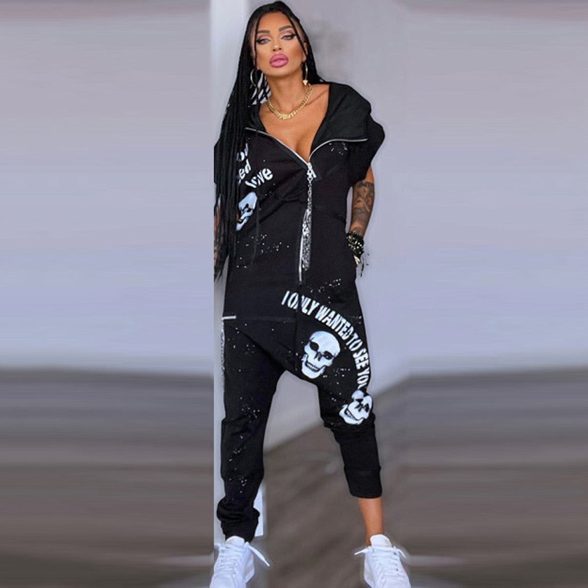 New Female Black Loose Outdoor Sportswear Casual Short Sleeves Lapel Collar Zippered Jumpsuits For Women