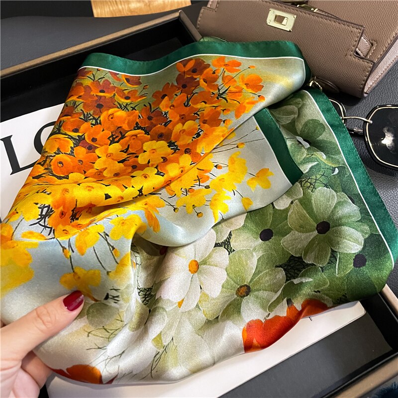 Fashion Designer Print 100% Natural Silk Square Scarves Women Hairband Neck Foulard Female Small Kerchief Bandana New FZ186-1 53cm real silk