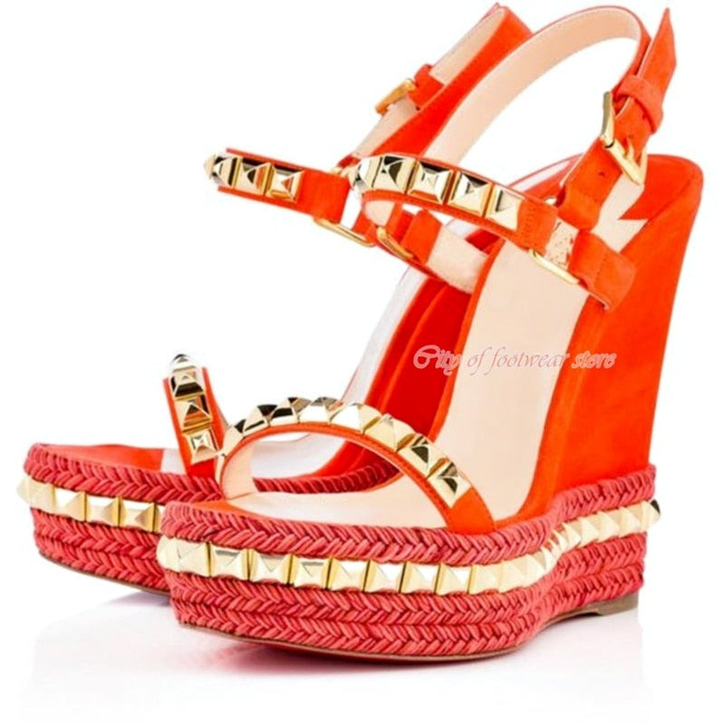 Women's Open Toe Platform Stud Espadrille Wedges Sandals Ankle Strap High Heeled Pump Luxury Designer Summer Beach Shoes Red