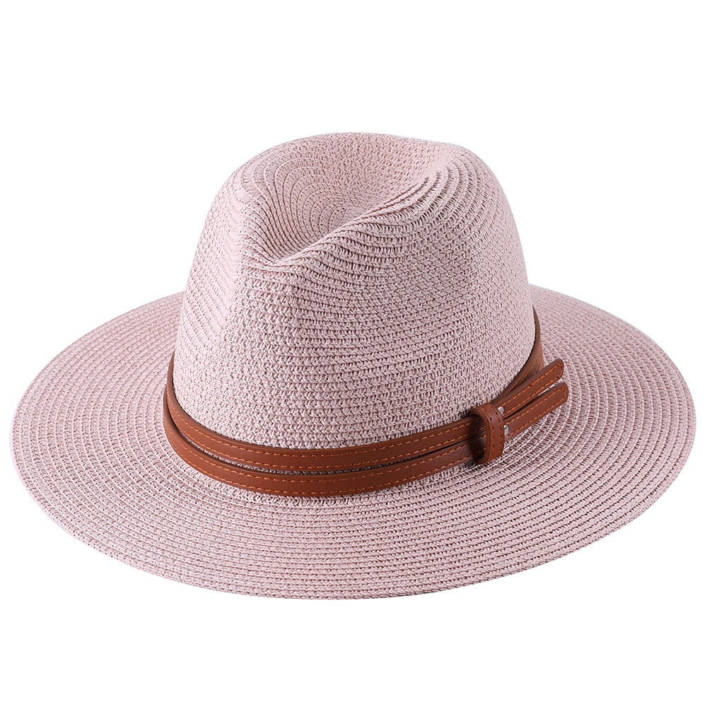 56-58-59-60CM New Natural Panama Soft Shaped Straw Hat Summer Women/Men Wide Brim Beach Sun Cap UV Protection Fedora Hat pink01