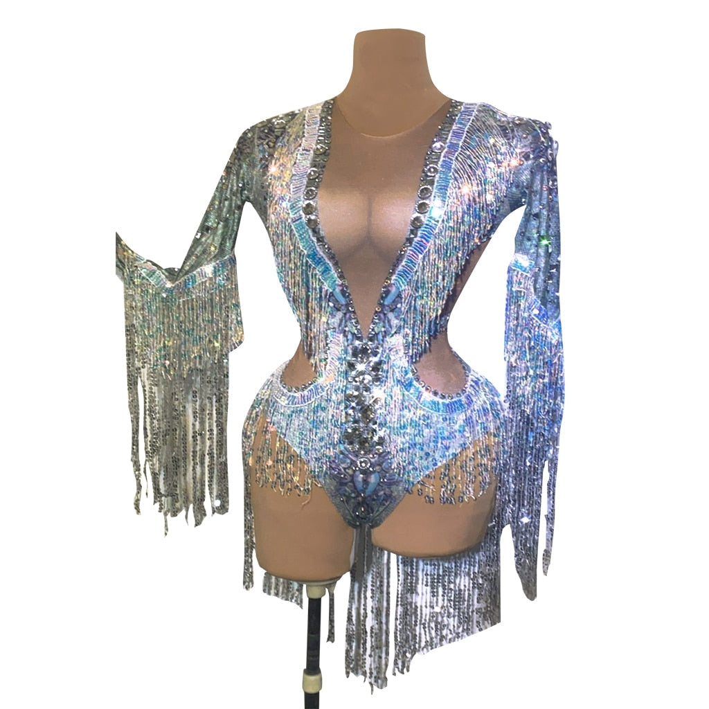 Sparkling Srebrna cekinowa cekinowa cekin bodysuit bodysuit kobiety stretch taniec frga kombinkowy wokalista barowy leotard scena zużycie