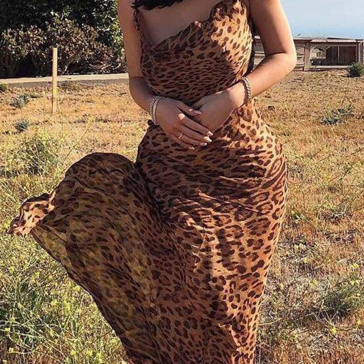 Leopard Print V-Neck Sexy Bodycon Long Dress Women Lace Up Backless Summer Dresses Female Straps Party Beach Vestidos