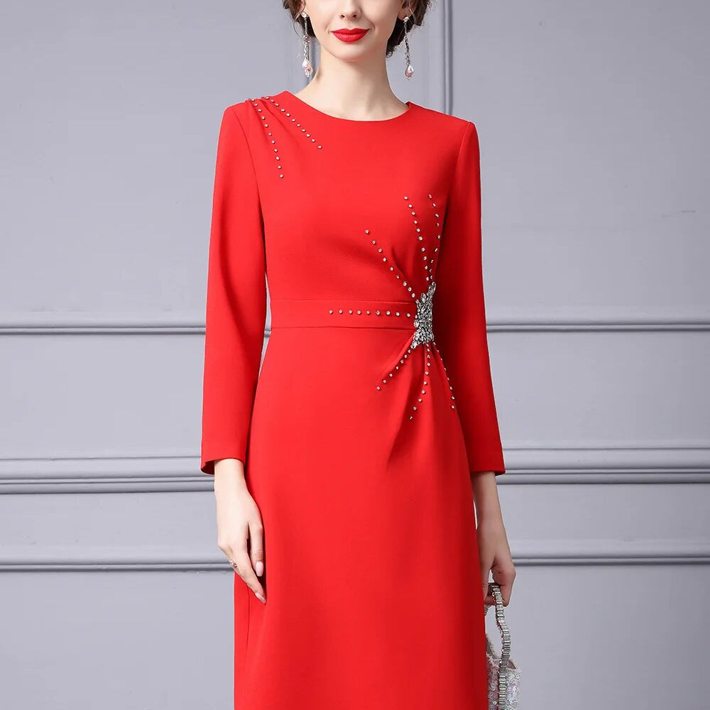 Autumn Luxury Diamonds Party Formal Occasion Dresses for Women Elegant Christmas Red Cocktail Vestidos Fiesta Robe red