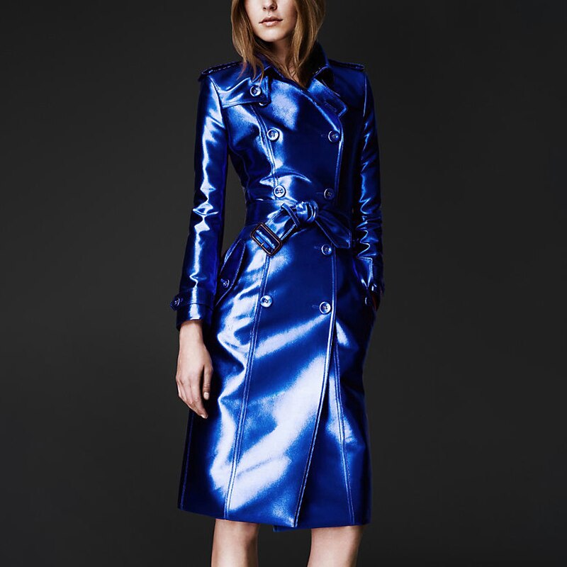 Spring Autumn Long Shiny Reflective Patent Leather Trench Coat for Women Belt Double Breasted Cool European Fashion Sapphire blue