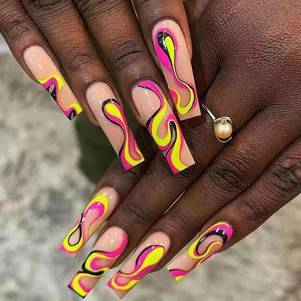 French Ballet False Nails With Gold Foil Glitter Designs Wearable Long Coffin Ballerina Press On Fake Nails Full Cover Nail Tips B5