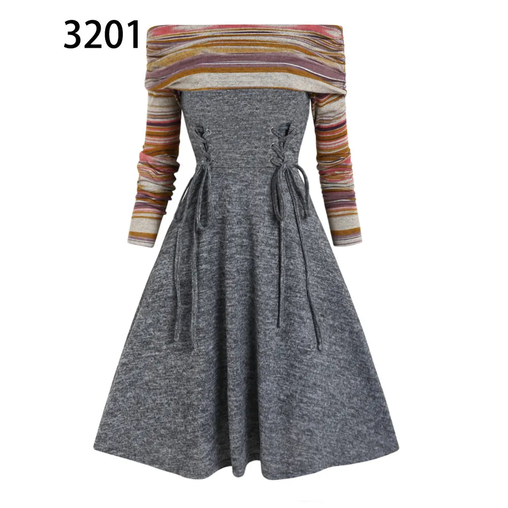 Convertible Cinched Striped Flare Dress Foldover Off The Shoulder Knitted Dresses Women Long Sleeve Jurken Gray3201