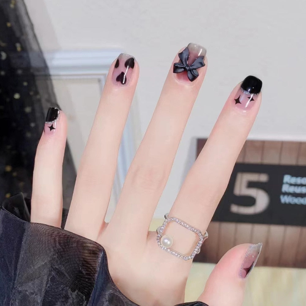 Gradient Fake Nails Press on Nail Diamond Cross Art Long Tips False Forms with Glue Stick Stickers Reusable Set DZ050