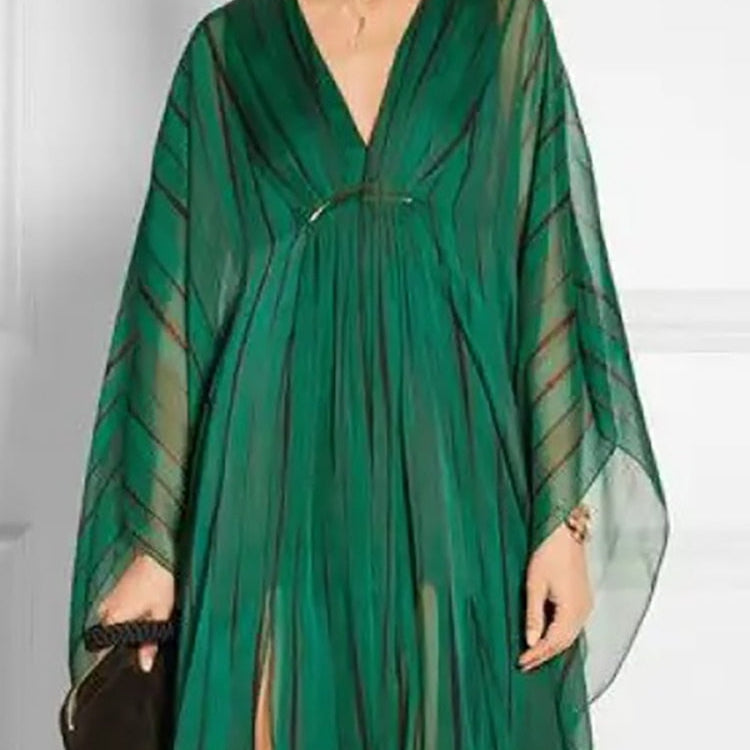 Freeacy Female 2023 New Deep V-Neck Long Sleeves Loose Dress Striped Split-Front Maxi Dresses For Women Elegant Party Dress