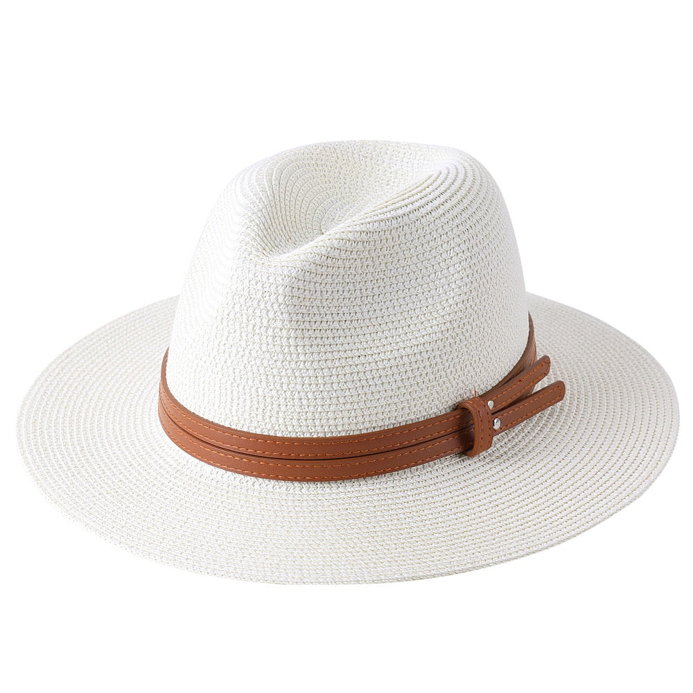 56-58-59-60CM New Natural Panama Soft Shaped Straw Hat Summer Women/Men Wide Brim Beach Sun Cap UV Protection Fedora Hat Milky white01