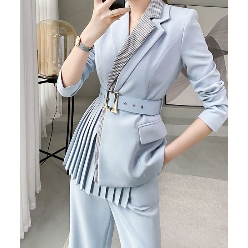 Dress Irregular Pleated Thin Blazers Coat OL Turn Down Collar Suit Cardigan Belted Jacket Tops + Long Pants Spring Fall 2pcs Set