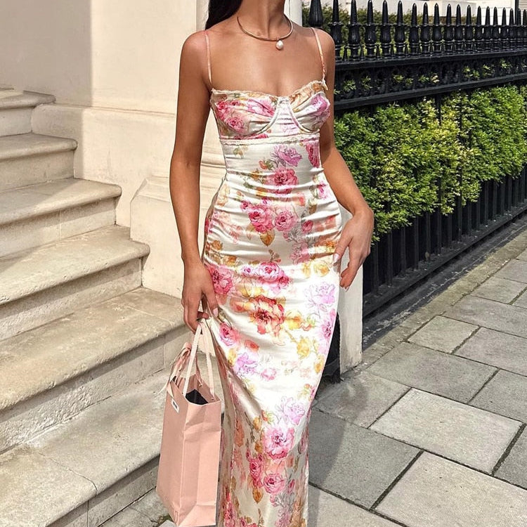 Suninheart Summer Spaghetti Strap Floral Print Party Dresses Elegant Maxi Bodycon Wedding Guest Holiday Dress New In Dress