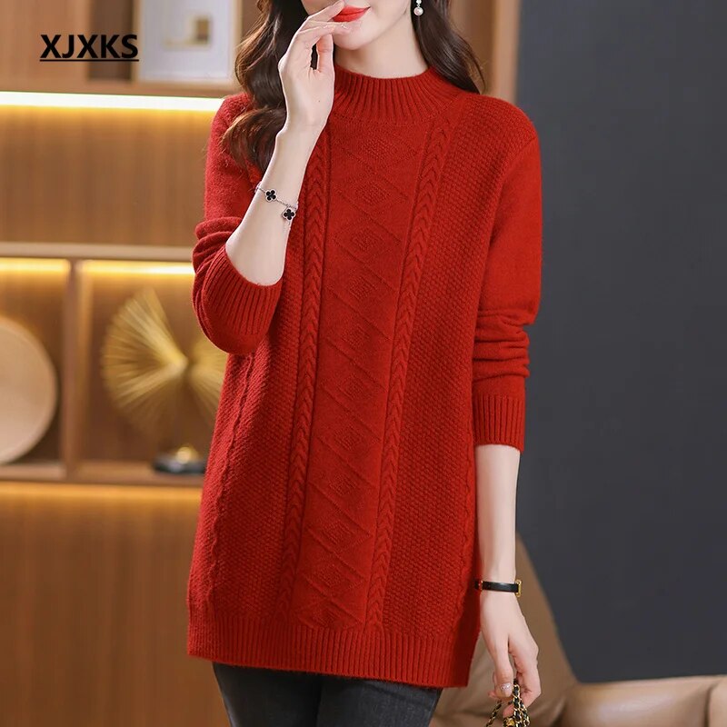 XJXKS Winter Warm Thickened Wool Knit Dress Mid-length Womens Clothing Jumper 2024 New Solid Colour All-match Pullover Red