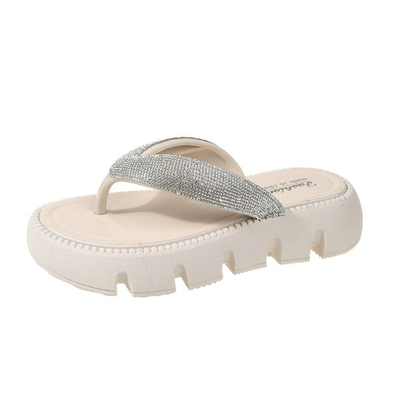 Thick Platform Shiny Crystal Flip Flops Women Summer Soft Bottom Beach Sandals Shoes Woman Fashion Clip Toe Clogs Slippers White Spain
