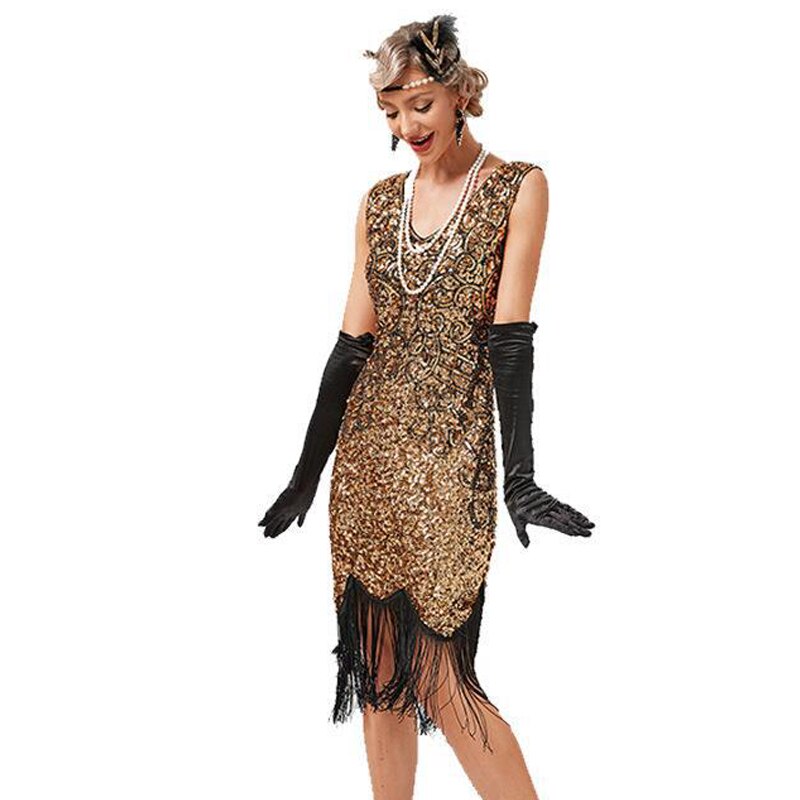 Summer 1920s Vintage Dress Tassel Flapper Dresses Prom Wedding Party Beaded Sequin Fringed O-Neck Women 30S Costume Golden