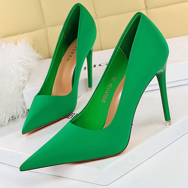 BIGTREE Shoes Satin Women Pumps New Purple High Heels Fashion Women Shoes Stiletto Luxury Noble Party Shoes Women Heels green-10.5cm