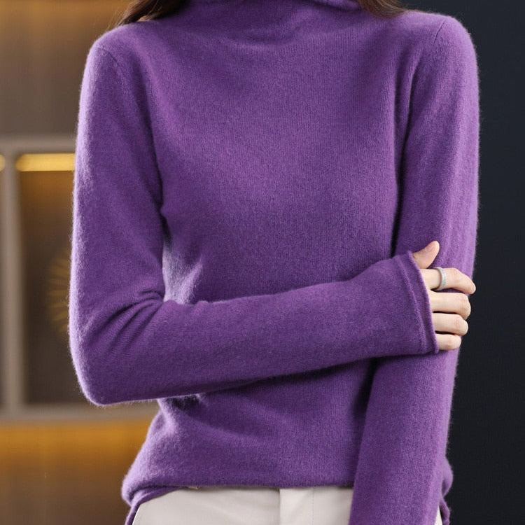 Pure Wool Women Sweater Autumn Winter Fashion Pile Collar Pullover Cashmere Sweater Casual Long-sleeved Knitted Tops Violet