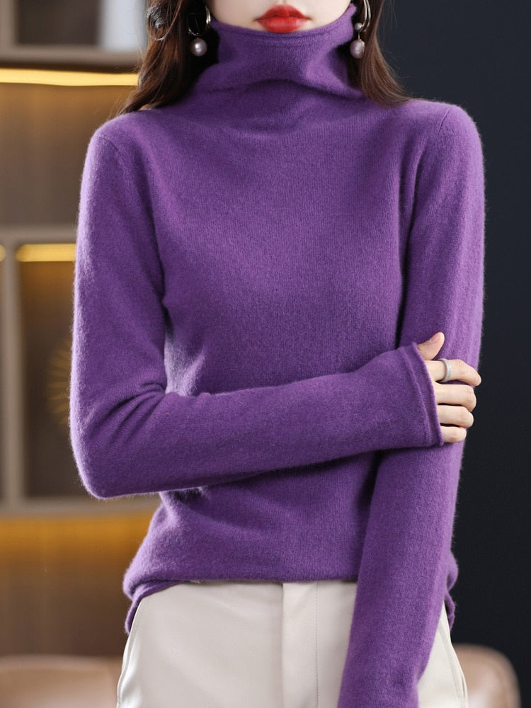 Pure Wool Women Sweater Autumn Winter Fashion Pile Collar Pullover Cashmere Sweater Casual Long-sleeved Knitted Tops Violet