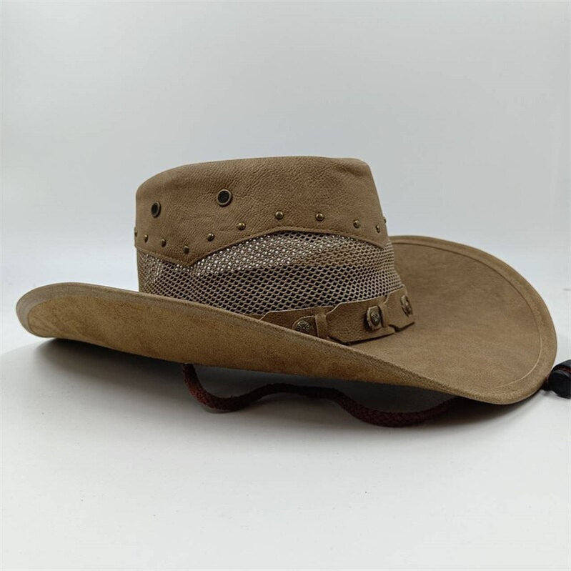 Retro Unisex Vintage Wide Brim Leather Cowboy Cowgirl Western Hat With Tassel Braid Leather Band Size 58-59CM