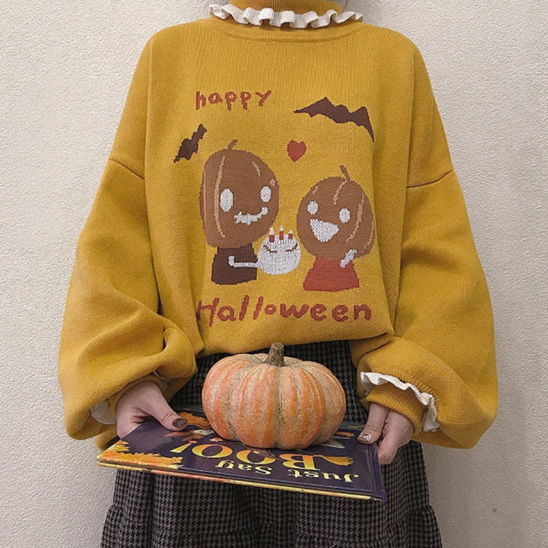 Halloween Sweaters Women Autumn Cute Pumpkin Pattern Turtleneck Lantern Sleeve Loose Pullovers Kawaii Clothes