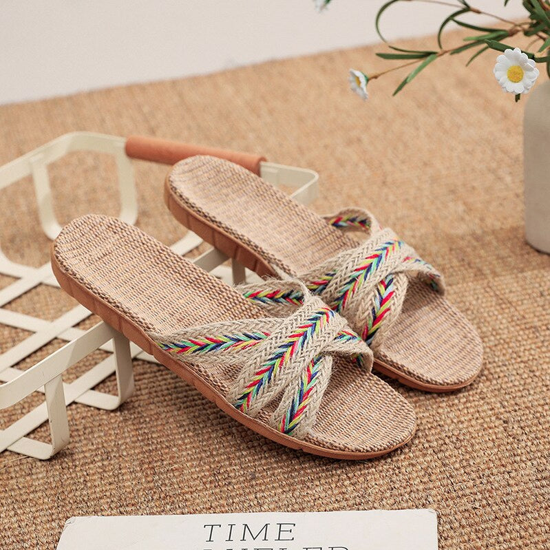 Summer Natural Flax Slippers Women Sandals Comfortable Non-slip Ladies Home Cross-tied Casual Indoor Shoes Multicolor