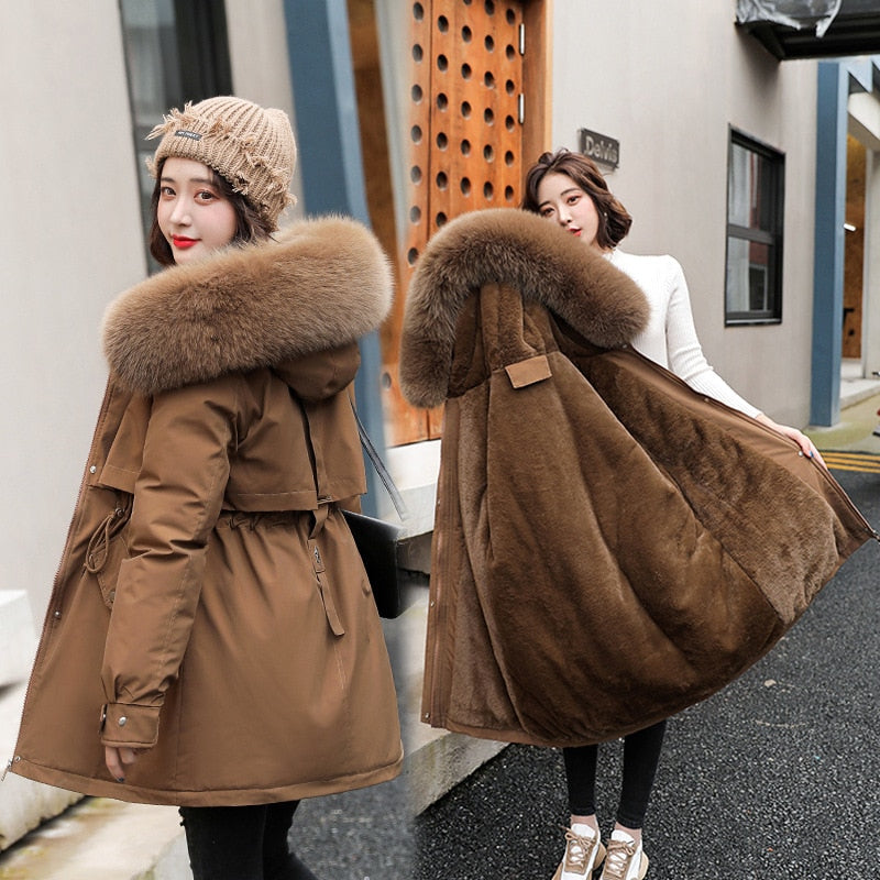 Women Parka Fashion Long Coat Wool Liner Hooded Parkas New Winter Jacket Slim with Fur Collar Warm Snow Wear Padded Clothes