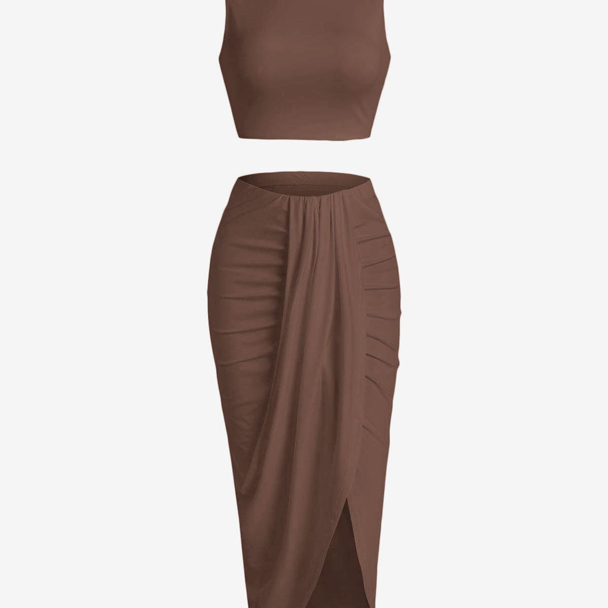 Women’s 2 Pieces Dress Set Sexy Sleeveless Crop Tank Side Slit Twist Skirt Bodycon Maxi Dresses Summer Coffee