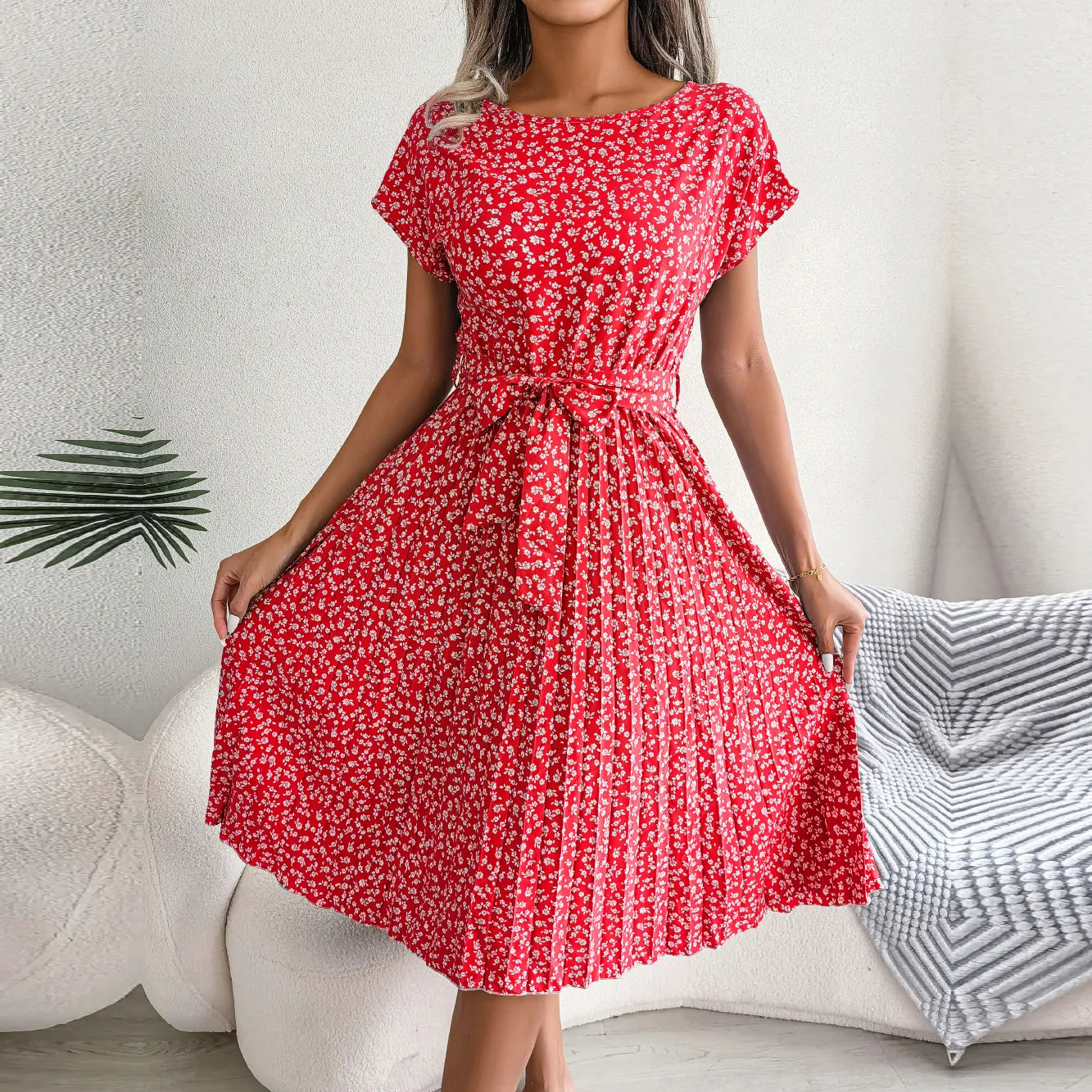 Fashion Floral Pleated A Line Long Dress Women Spring Summer Short Sleeve High Waist Chic Dress Red