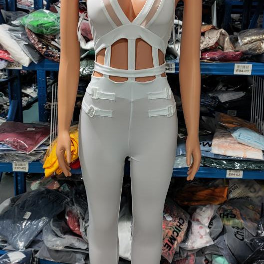 Sexy Night Out Jumpsuit for Women Summer New Sleeveless Plunge Hollow Out Halter Buckled Contrast Mesh Lady Skinny Jumpsuit