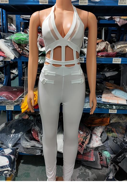 Sexy Night Out Jumpsuit for Women Summer New Sleeveless Plunge Hollow Out Halter Buckled Contrast Mesh Lady Skinny Jumpsuit