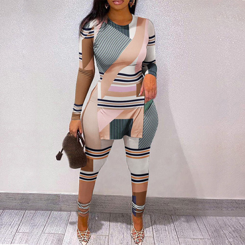 Fall Women Two Piece Sets Outfits Casual Print Side Slit Top And Skinny Pants Tracksuits Fashion Streetwear 2pcs Suits long sleeve Stripe