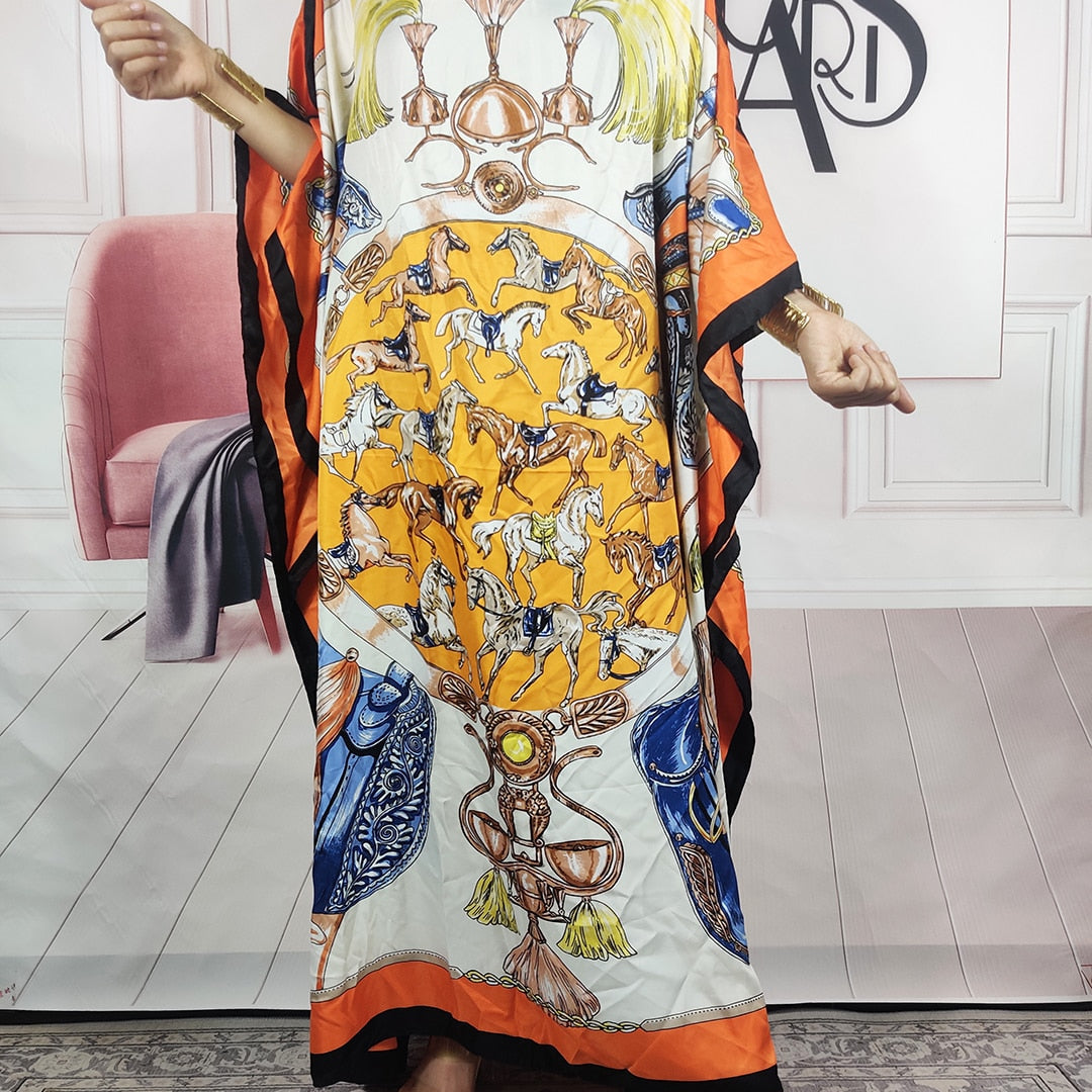 Kuwait Fashion - 2023 Summer Boho Loose Silk Kaftan Maxi Dress Oversized African Muslim Lady Abaya color 11 One Size